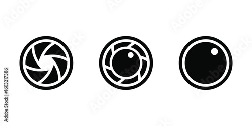 Abstract Camera Lens Icons: Three Stylish Black Circular Designs Vector