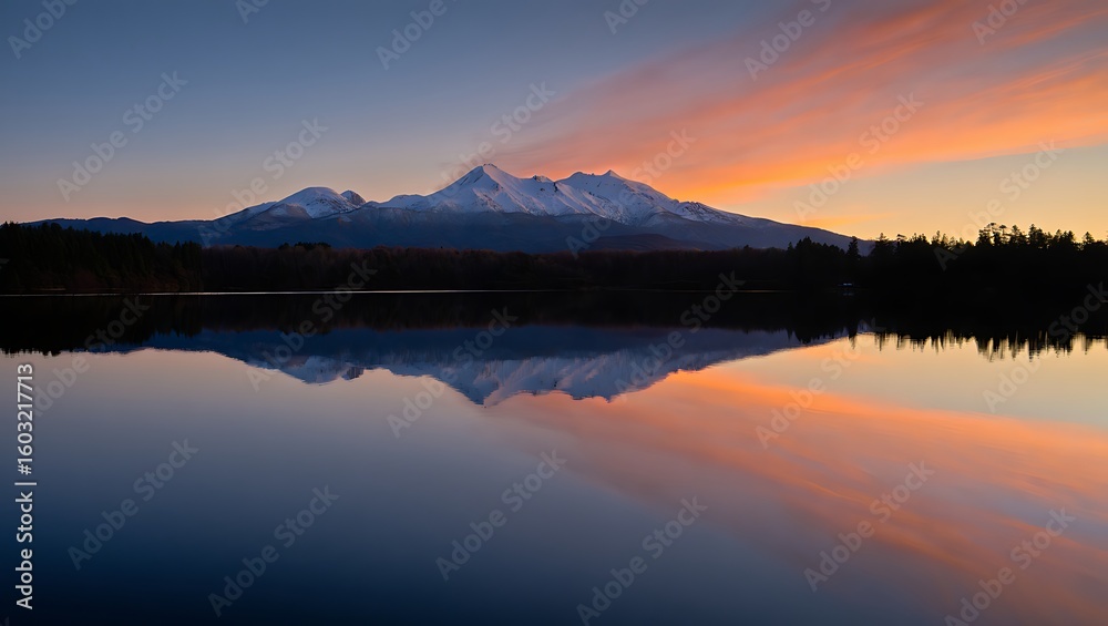 Fototapeta premium Majestic mountain peaks reflecting in calm lake at sunset