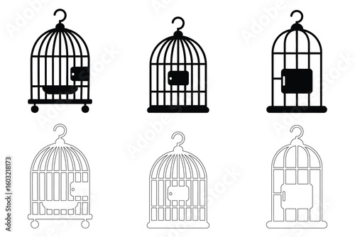 Silhouette and Line Art Bird Cages   Vector Illustration Collection of Vintage and Decorative Designs