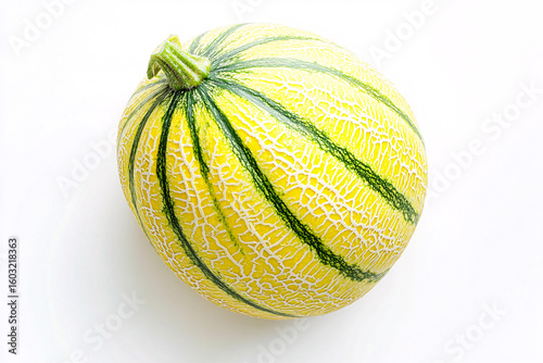 Yellow and Green Striped Melon Isolated on White Background Exotic Summer Fruit Image