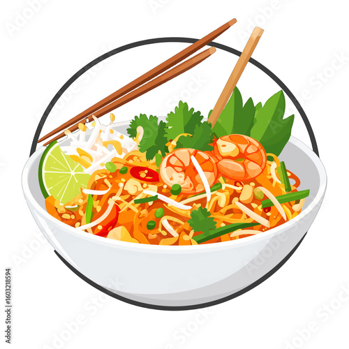 Delicious Pad Thai Noodles In White Bowl With Shrimp And Vegetables
