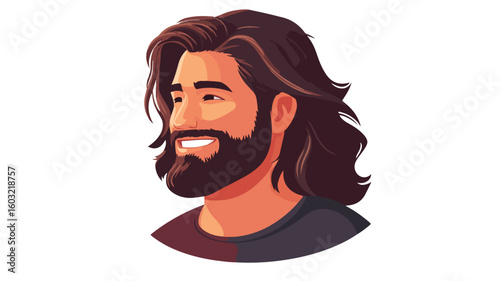 Brutal Man with Long Hair Smiling Portrait Side View