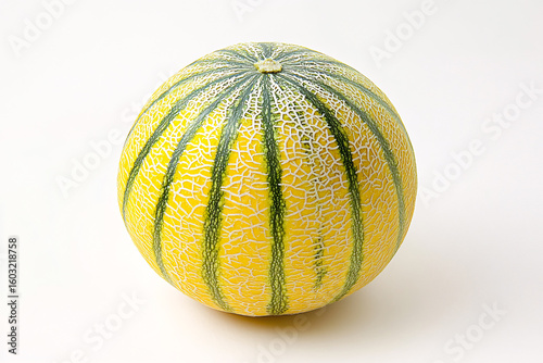 Yellow and Green Striped Melon Isolated on White Background Exotic Summer Fruit Image