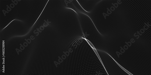 Futuristic dot wave. Abstract digital particle wave. Black and white music wave. Dark background. Digital background with smooth wavy curves. 3D rendering