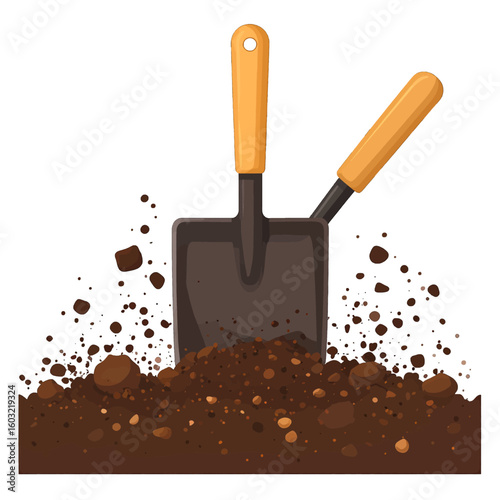 Cartoon Shovel In Brown Dirt Pile
