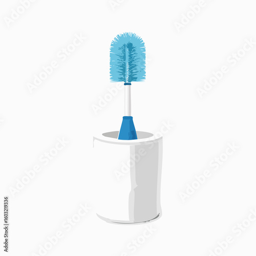 Toilet brush in holder – Brush resting in white plastic stand, bristles visible.

