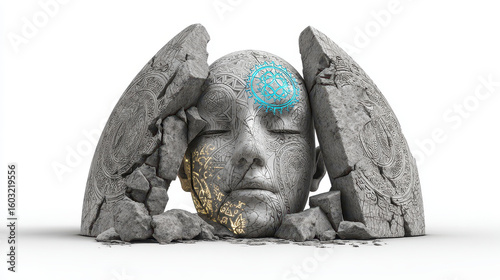 Engraved stone statue head framed by cracked tablets with blue and gold markings