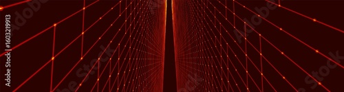 Futuristic colorful perspective grid. Abstract wireframe with blue grid on black background. Virtual landscape in digital style of 80s 90s. Simple perspective grid for design. 3D rendering