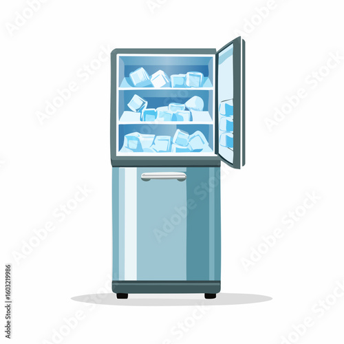 Refrigerator ice maker – Open freezer showing ice cubes in bin.


