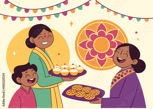 Cheerful family celebrating with sweets and decorations