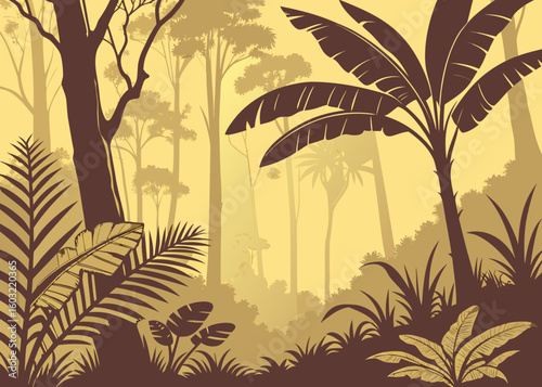 Dark brown and golden yellow jungle foliage and trees