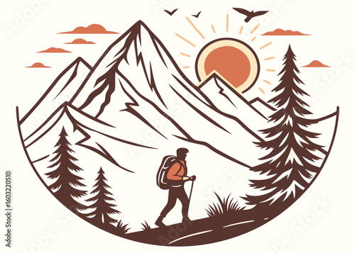 Hiker with backpack and trekking pole in mountain landscape
