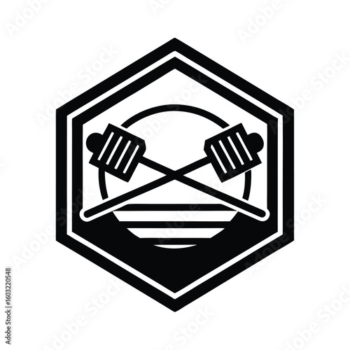 Minimalist logo crossed honey dippers within a hexagon stick wood