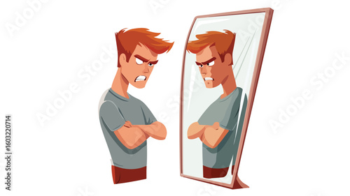 Depressed Man Criticizing Reflection in Mirror
