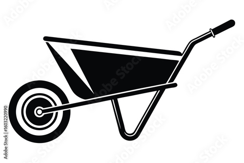 Simplified Black and White Illustration of a Wheelbarrow Used for Gardening and Construction Work