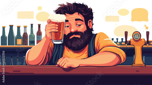 Drunk Man Sitting on Bar Counter: Bearded Guy Drinking Alcohol