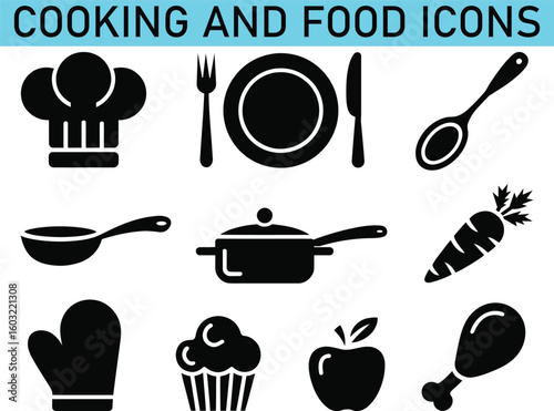 Cooking kitchen food utensil black silhouette icon set vector illustration