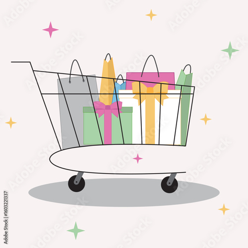 Supermarket trolley with gifts, packages, goods, shopping, sale, discount
