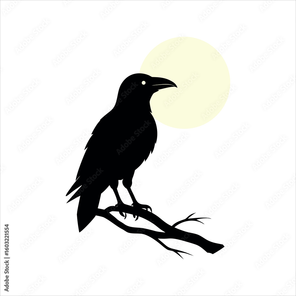 Fototapeta premium Raven Sitting Still on Branch in Front of the Moon silhouette Art Vector illustration