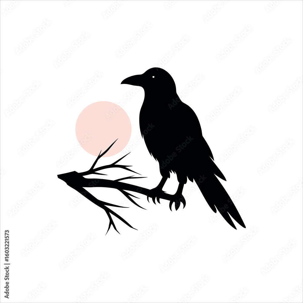 Fototapeta premium Dark Raven on Tree Branch Beneath Full Moonlight silhouette Art Vector illustration