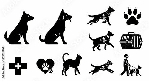 Pet and Service Animal Icon Set – Dog, Cat, Paw, Carrier, Vet Care, Adoption, Training Glyph Vector

