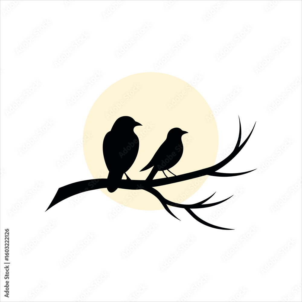 Fototapeta premium Full Moon Shines Behind Birds Perched on a Tree Branch silhouette Art Vector illustration