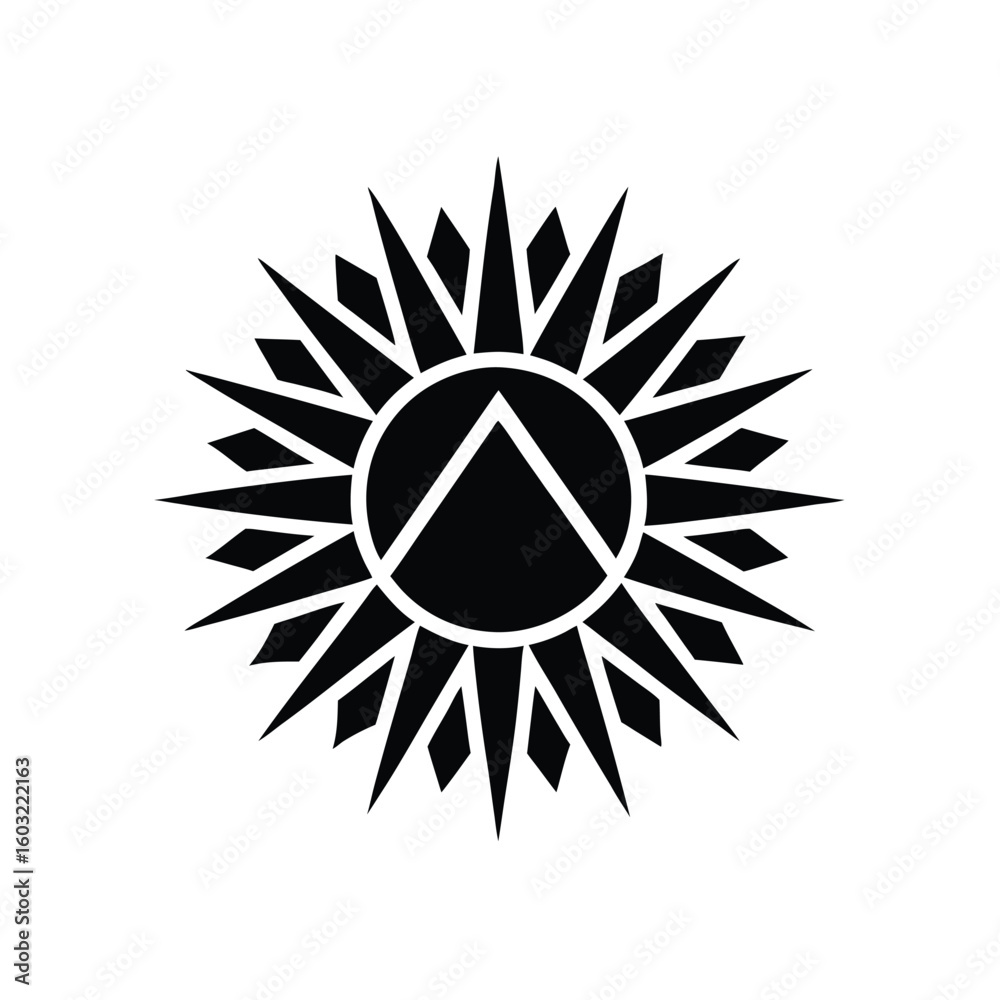Minimalist sun logo with sharp geometric rays central triangle symbol graphic Minimalist sun logo with sharp geometric rays central triangle symbol graphic