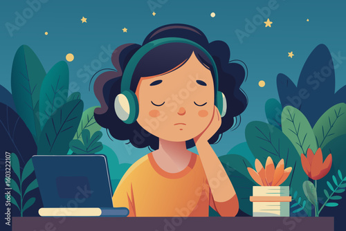 Girl falling asleep at her desk, leaning on her palm — tired but peaceful.