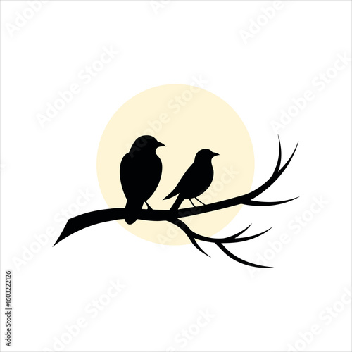 Full Moon Shines Behind Birds Perched on a Tree Branch silhouette Art Vector illustration