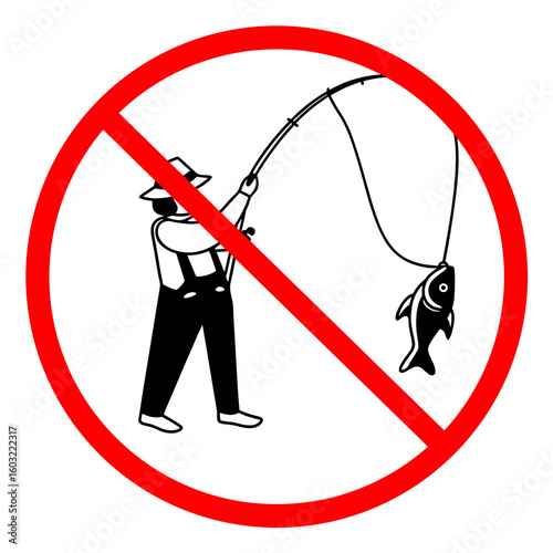 No fishing prohibition sign featuring a fisherman illustration in a bold red circle