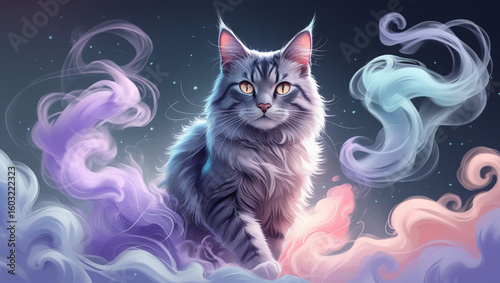 Digital Pastel Sketch of a Mystical Cat Emerging from Colorful Smoke – High Detail Fantasy Illustration in Soft Lavender and Blue Tones