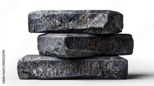 Stack of three carved stone tablets featuring intricate runic inscriptions