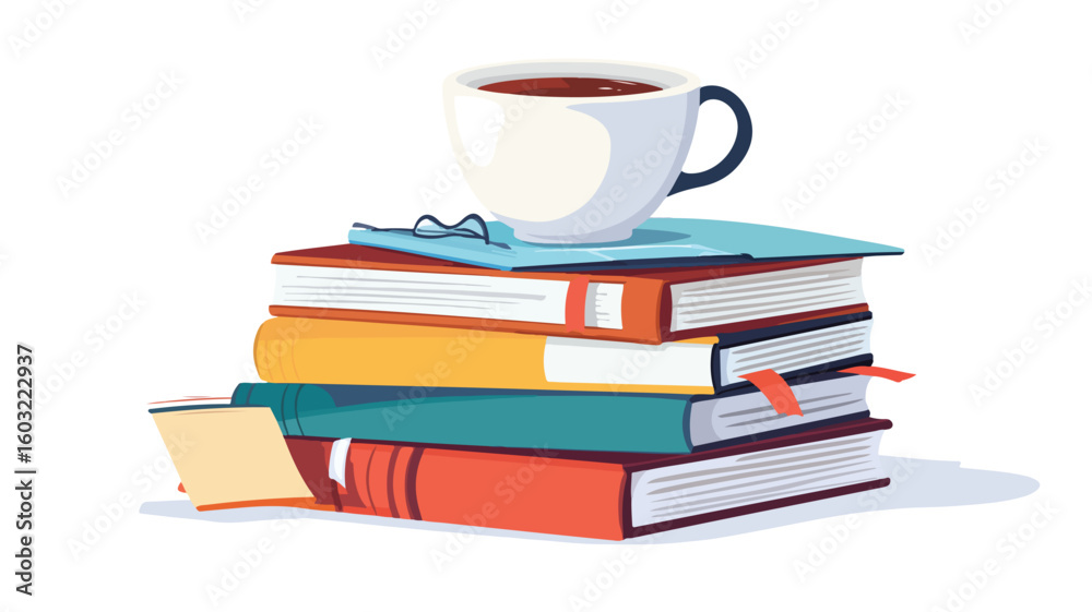 Naklejka premium Stack of Textbooks and Paper Books with Glasses - Education and Reading Concept