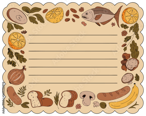 Culinary Notes Illustration: A charming illustration showcases a vintage-style note card, adorned with a delightful border of culinary delights. The design evokes feelings of rustic charm. vintage rec