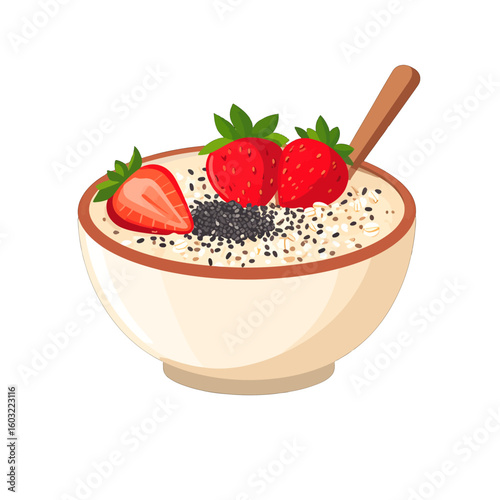 Oatmeal Bowl With Strawberries And Sesame Seeds