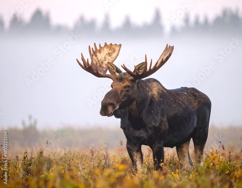 Majestic bull moose in autumnal mist