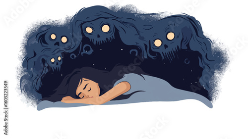 Sad Woman Suffering in Nightmare: Upset Girl Fear in Dark, Mental Health Concept
