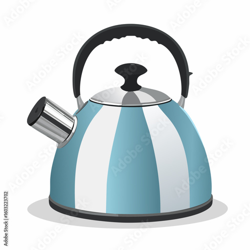 Stovetop kettle – Metal kettle with black handle and steam coming out.

