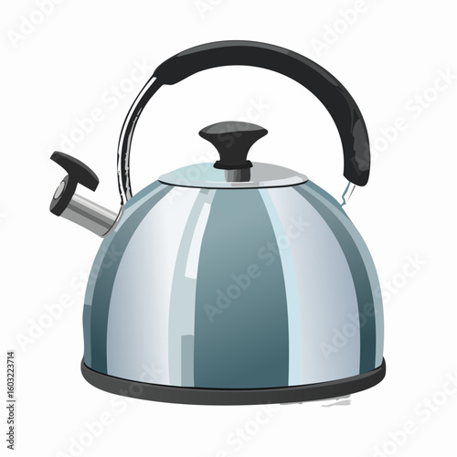 Stovetop kettle – Metal kettle with black handle and steam coming out.

