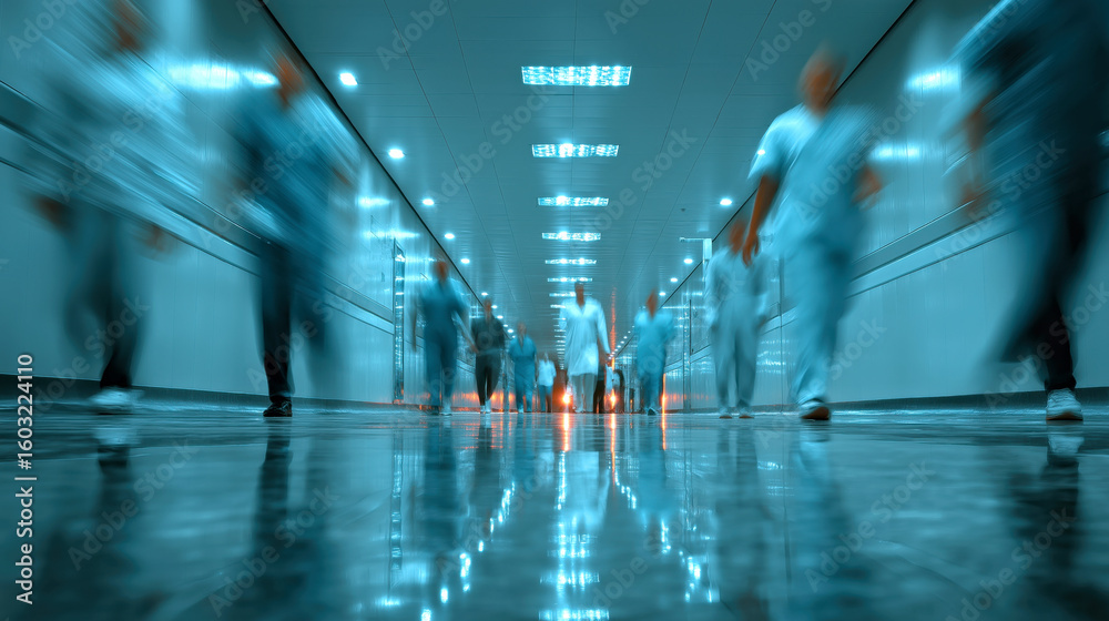 Fototapeta premium Blurred Motion of People in Hospital Corridor Captures Urgency and Activity in Healthcare Setting