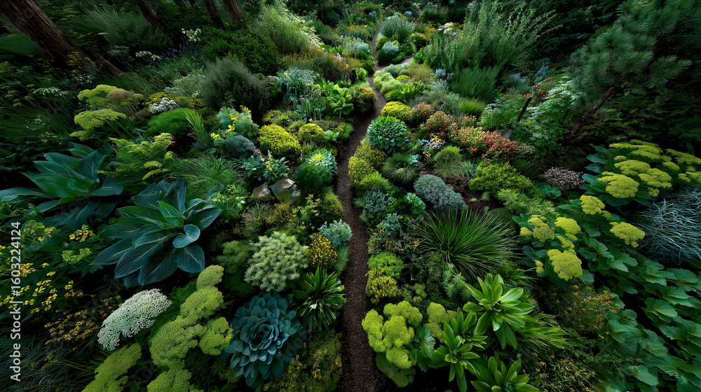 Fototapeta premium Lush Green Succulent Garden Pathway Surrounded by Vibrant Greenery and Textured Plants. Drone view of wild garden