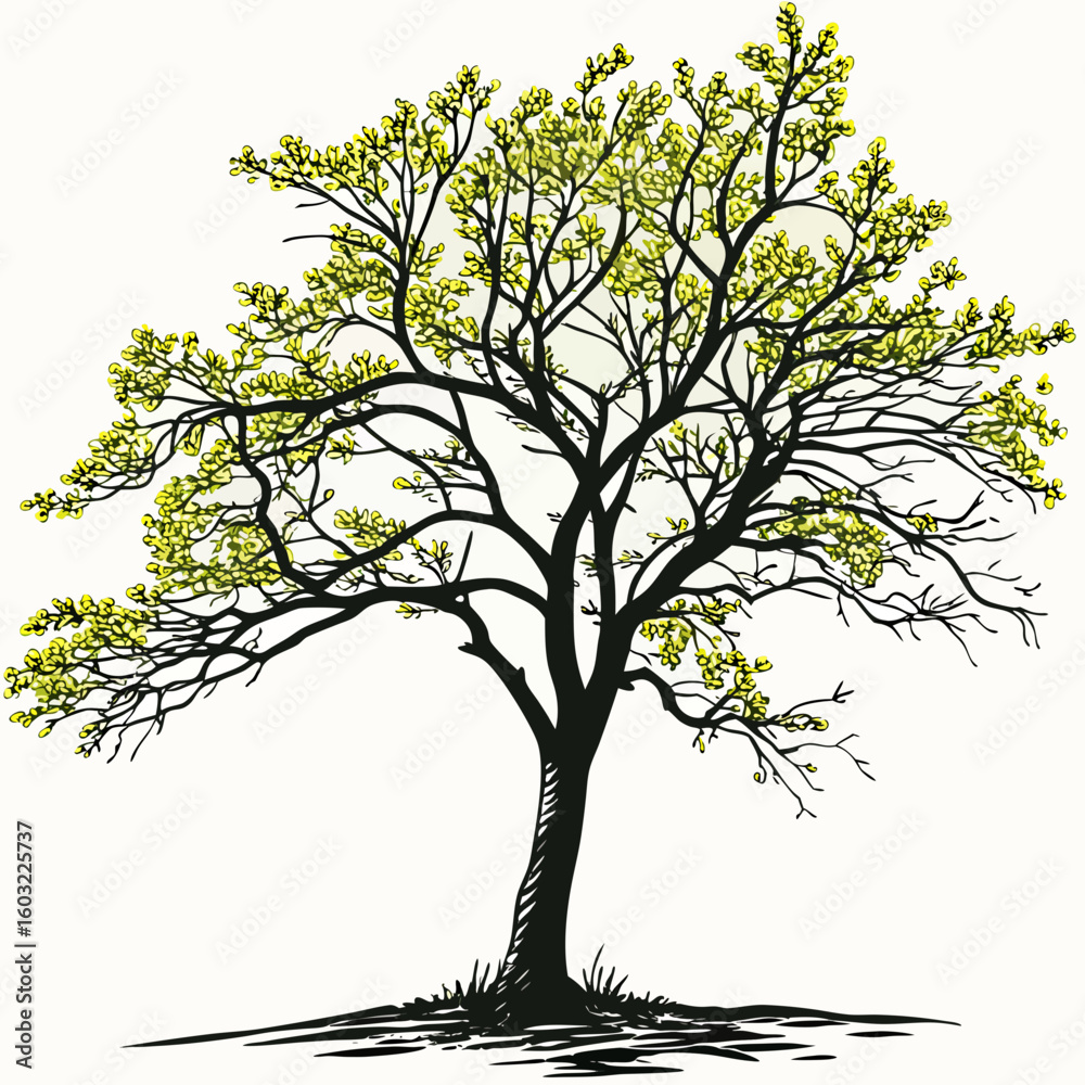 Obraz premium Stylized black tree with yellow leaves on a white background