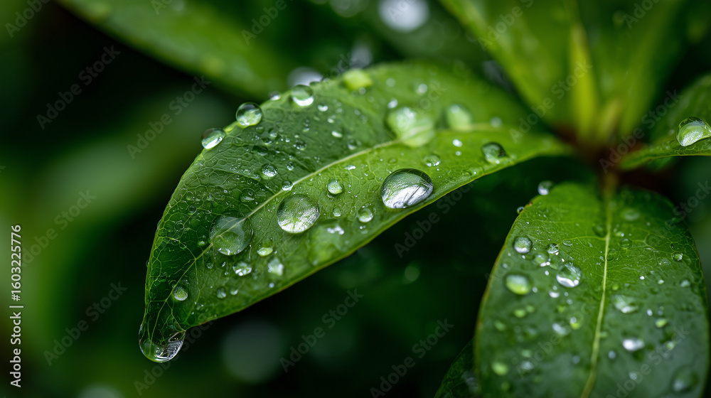 Fototapeta premium Water droplets on green leaves close-up