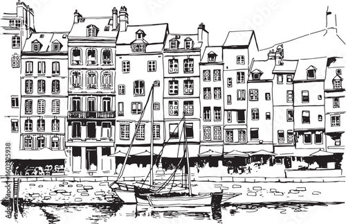 Drawing bay of Honfleur. Hand drawn illustration in vector. Beautiful houses. Boats on the water. Painted in sketch style. Suitable for print, postcard, sketchbook cover, decor, stickers, your design.