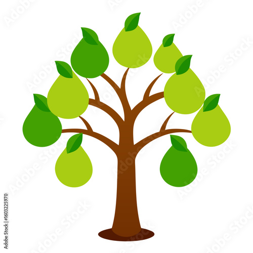 A stylized pear tree laden with green pears and leaves