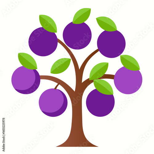 Stylized plum tree with purple fruit and green leaves