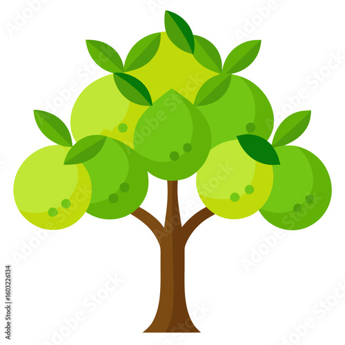 Stylized green apple tree with ripe fruit and leaves