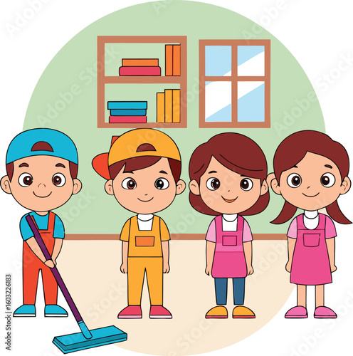 Four cartoon children in work clothes with cleaning supplies and bookshelf kids janitor