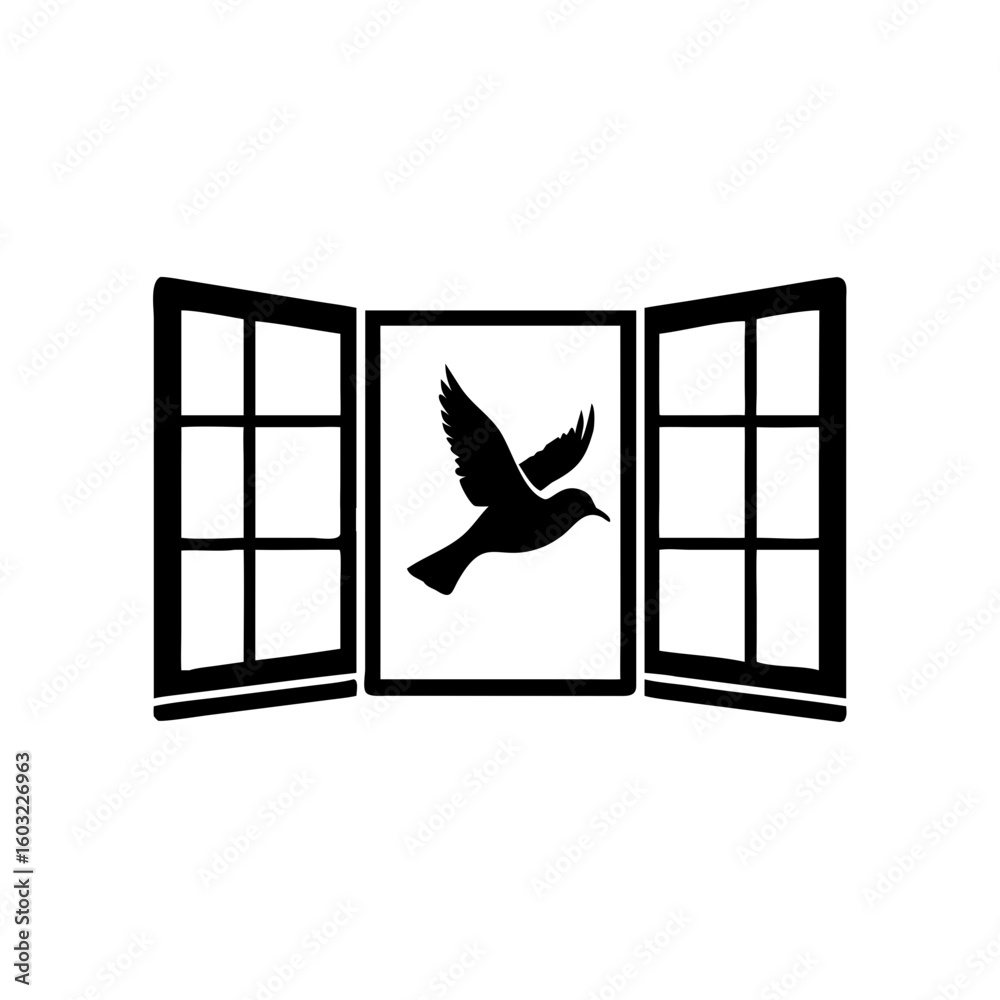 Fototapeta premium A Black and White Silhouette of a Bird Flying Through an Open Window