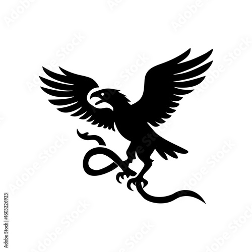 Φωτογραφία Black Silhouette of Eagle Gripping Snake with Claws Midair, Emblematic Design